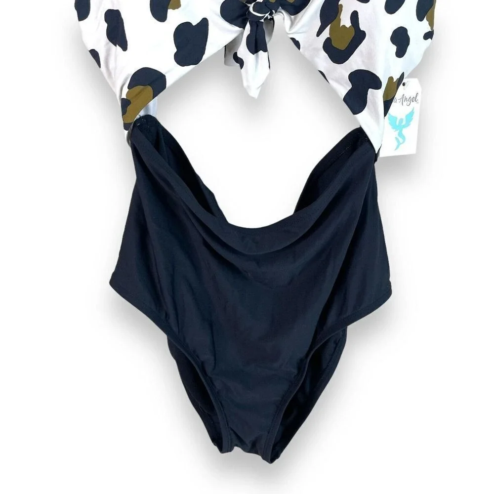 Sea Angel One Piece Swimsuit Womens L Black‎ Leopard Print Cutout Tie Front